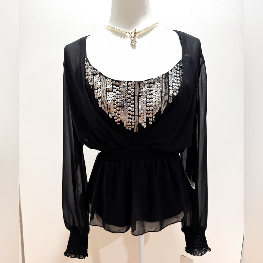 Alex Evenings Black Beaded Sequin Embellished Chiffon Long Sleeve Blouse Top